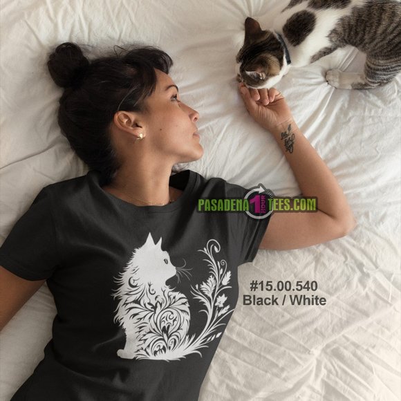 NEW Silhouette Cat Kitten Swirls Floral White Print Sizes Available Small to 1X - Picture 1 of 3
